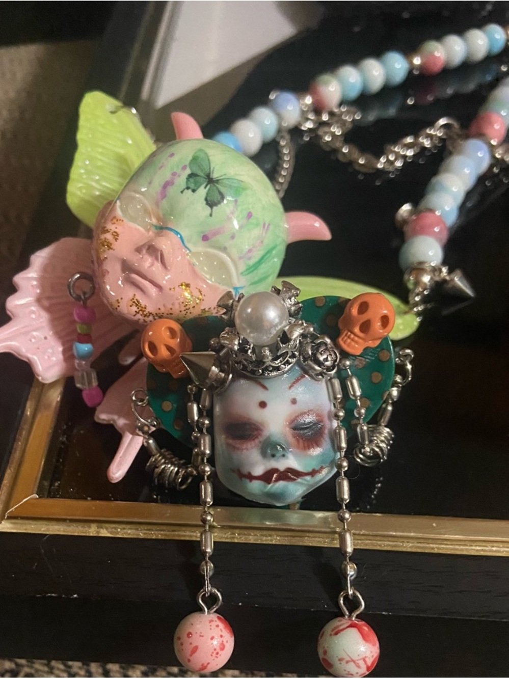 GOTHIC BUTTERFLY BABY HEAD BEADED NECKLACE and RING/ UNIQUE JEWELRY